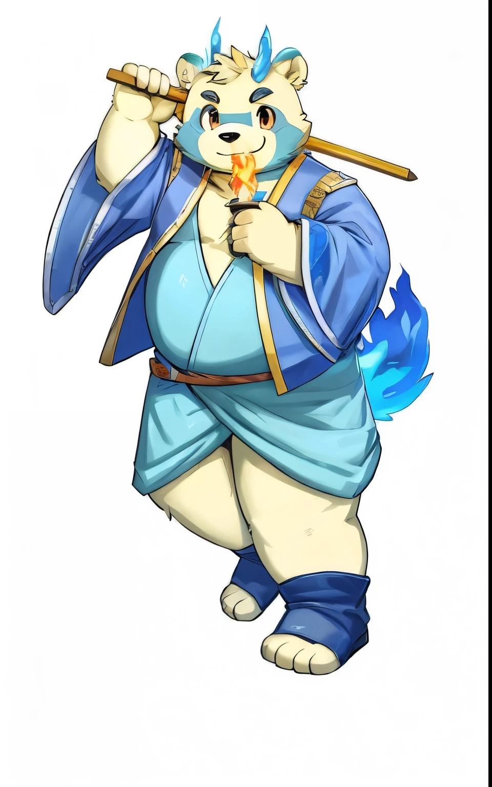 correct body proportions,male,Fat, fur, detailed, high resolution, masterpiece, best quality,tanuki,blue fur,blue plaga,,Flame Tail