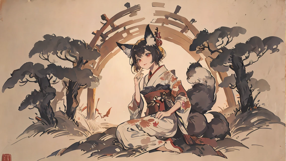 An anthropomorphic fox character with multiple tails, wearing traditional Japanese clothing (kimono), sitting gracefully. The background features a torii gate surrounded by a slightly dark and mystical forest, creating a cinematic atmosphere similar to a movie poster. Use a mix of warm and muted colors to enhance the mysterious and magical feel. Ensure the scene has a sense of depth and detail, with the fox character as the focal point. 