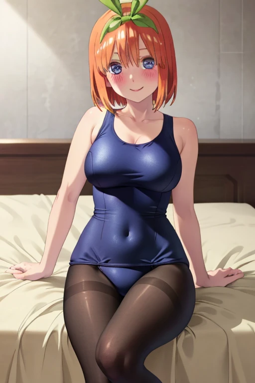 best quality, masterpiece, high quality, insanely detailed, yotsuba nakano, one-piece swimsuit, breasts, pantyhose, blush, smile, bed room