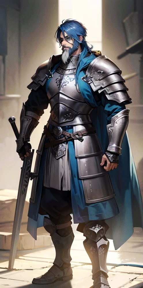 Blue haired Viking man with a beard heavy metal armor eyepatch on right eye and scar on left eye. He is standing there with his hand on his chest
