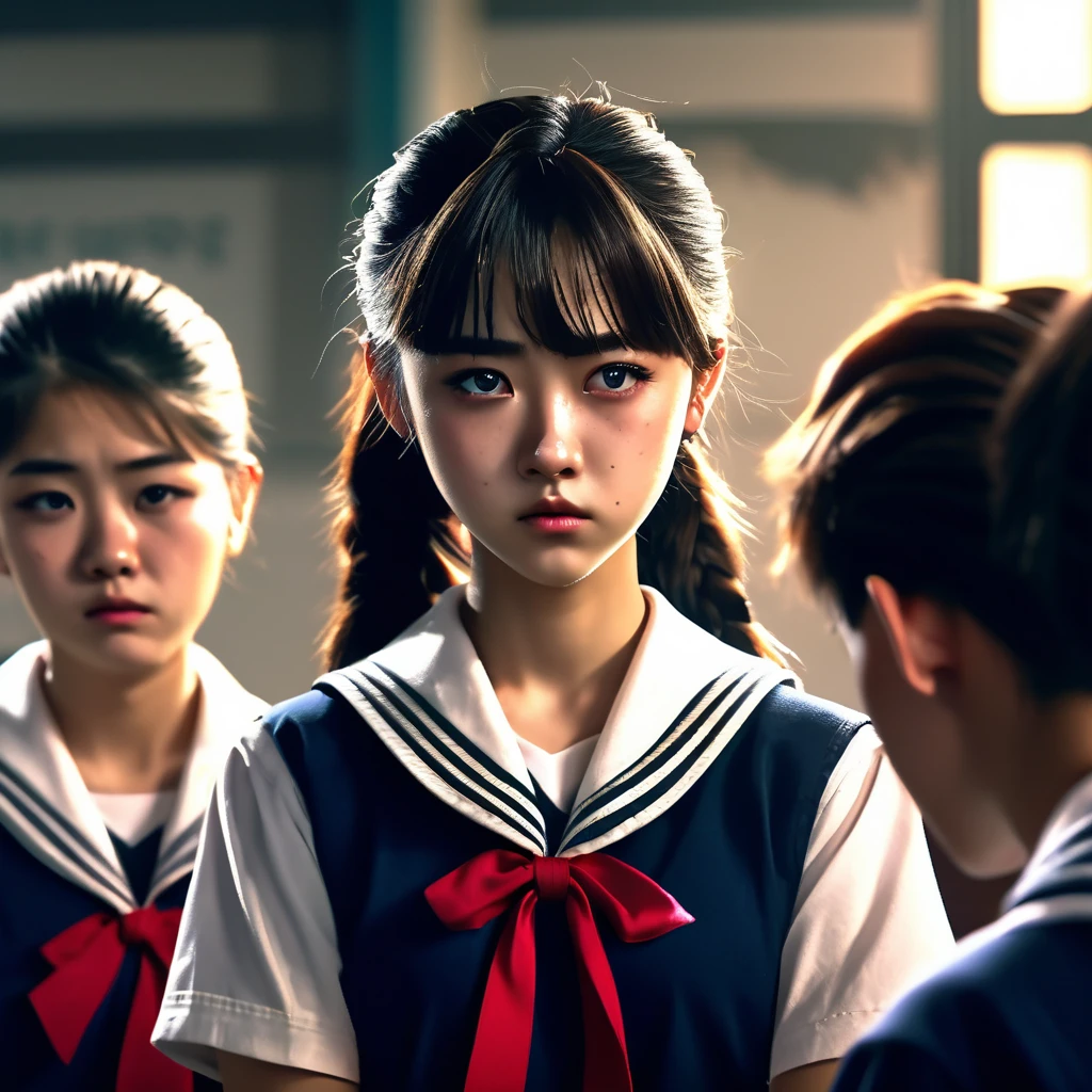 a high school girl in a sailor uniform, a group of students watching, a weak boy being bullied, the mean bully girl doing cruel things to embarrass him, detailed facial features, realistic, photorealistic, 4k, high resolution, cinematic lighting, dramatic atmosphere, muted color palette, gritty urban setting, dynamic composition, masterpiece, ultra-detailed