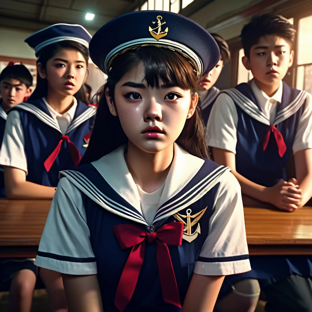a high school girl in a sailor uniform, a group of students watching, a weak boy being bullied, the mean bully girl doing cruel things to embarrass him, detailed facial features, realistic, photorealistic, 4k, high resolution, cinematic lighting, dramatic atmosphere, muted color palette, gritty urban setting, dynamic composition, masterpiece, ultra-detailed