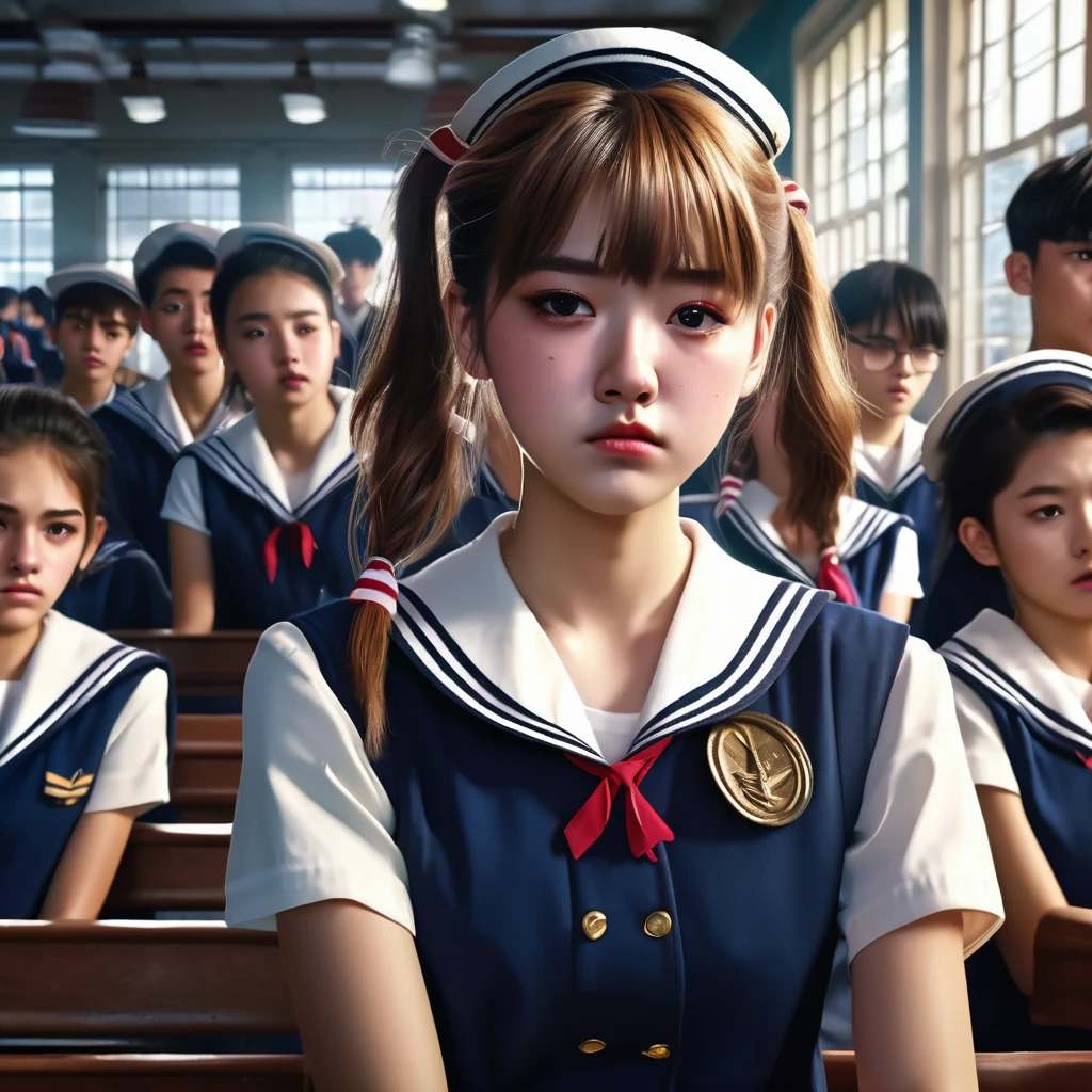 a high school girl in a sailor uniform, a group of students watching, a weak boy being bullied, the mean bully girl doing cruel things to embarrass him, detailed facial features, realistic, photorealistic, 4k, high resolution, cinematic lighting, dramatic atmosphere, muted color palette, gritty urban setting, dynamic composition, masterpiece, ultra-detailed