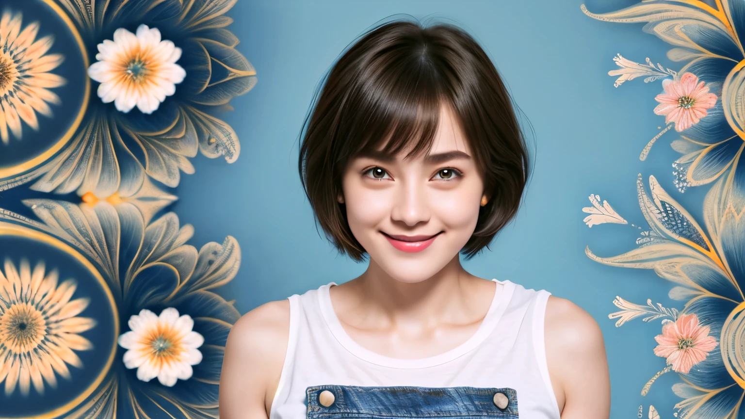 238 18-year-old female, short hair, (Jeans andT-shirt), A kind smile, lipstick, Abdominal muscles, (Floral Background、Fractal Patterns)