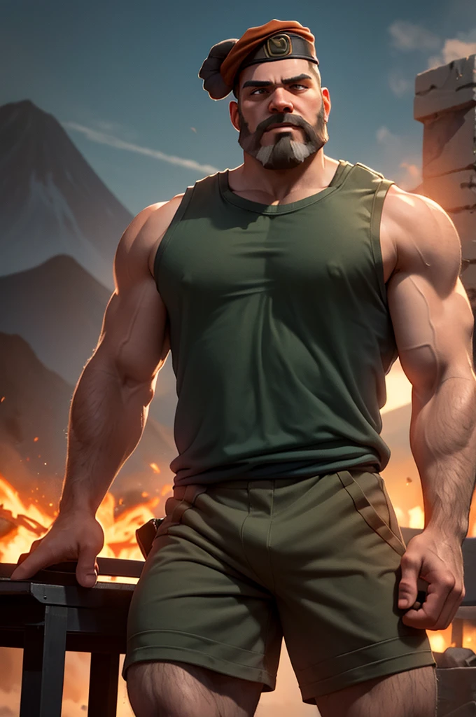 Brimstone, Brimstone /(Valorant/), realistic, best quality, male focus, 1boy, looking at viewer, tank top, masterpiece, beard, facial hair, volumetric lighting, volcano background 