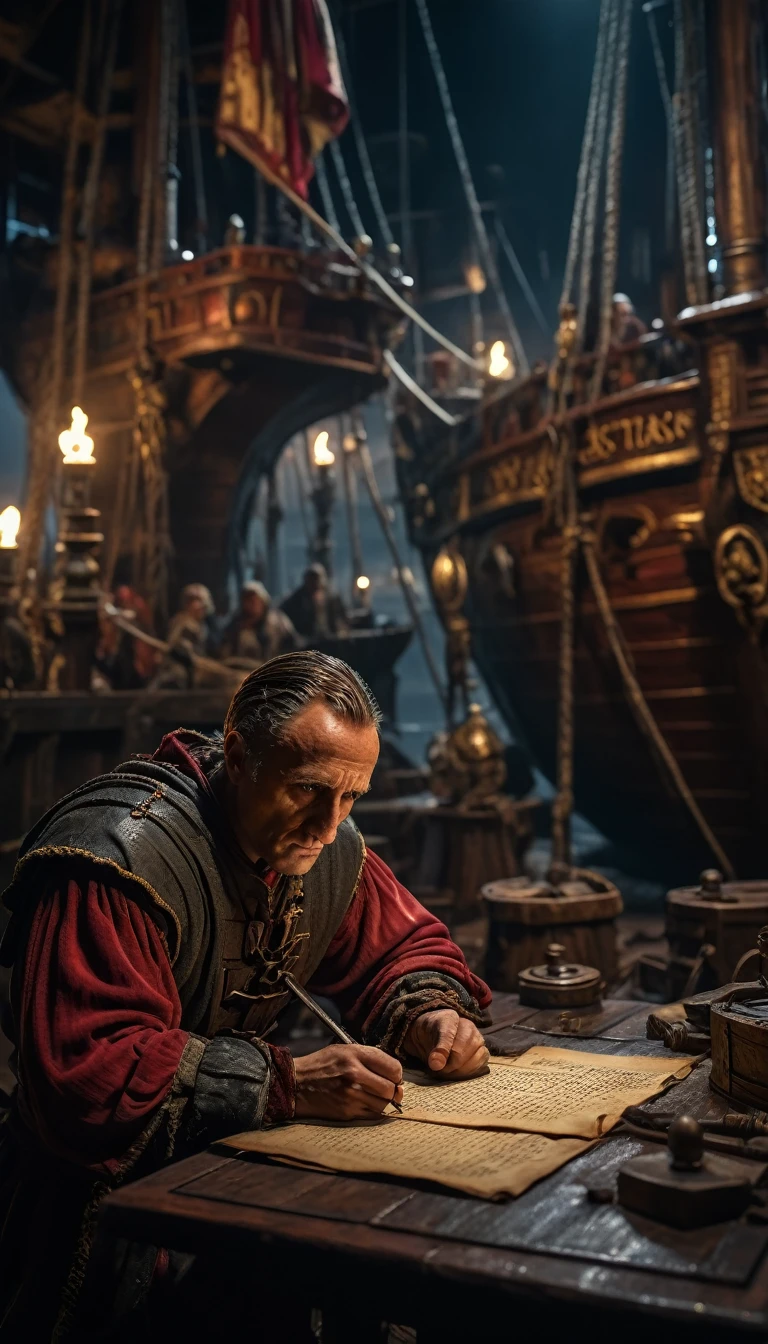 Cinematic style, Julius Caesar writing poetry on a pirate ship, background dark, hyper realistic, ultra detailed hyper realistic, photorealistic, Studio Lighting, reflections, dynamic pose, Cinematic, Color Grading, Photography, Shot on 50mm lens, Ultra-Wide Angle, Depth of Field, hyper-detailed, beautifully color, 8k