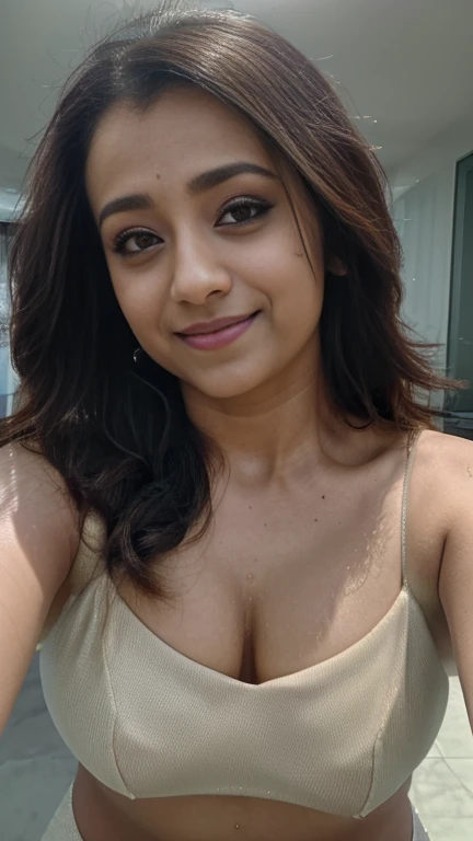 closeup selfie bustshot of trisha,trisha krishnan, trks woman, hourglass figure, smile,  seductive look, daytime, crop top, sharp focus, octane, HD, 4K, high resolution selfie, bedroom, 30 year old ((long face)), ( big cheeks), (( beautiful eyes))