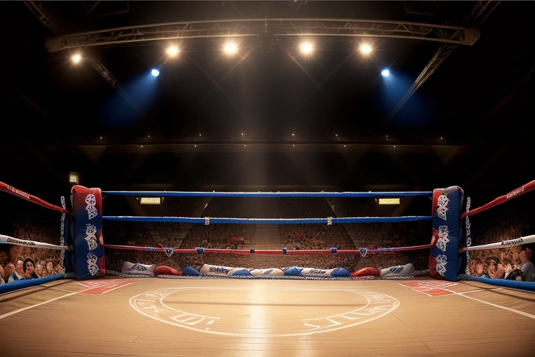 boxe ring with lights and ropes, boxe ring sol blanc coin bleu et sol blanc sol, fond d&#39;arène, Ring de boxe avec le sol blanc et les coins bleus, scene background, toile de fond Madison Square Garden, écran centrale au dessus du ring comme au madison square garden  in a boxe ring,  boxe, boxe match, scene,  projecteur, barre d&#39;background, spot et projecteur au plafond  fond dramatique, atmospheric perspective, glowing light, 8k, super detail, best quality, masterpiece