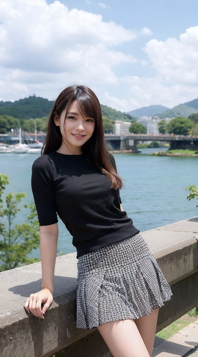 detailed,Clear lines,highest quality, masterpiece,Bright and dark light、Canon Photo Crystal Clear ,(Realistically:1.2), (Black knitted shirt、Skirt with a checkerboard pattern)、Action pose、Take a full body photo、A sloppy smile、Glamour body type、Medium Long Hair、Valley、Step into the river、barefoot