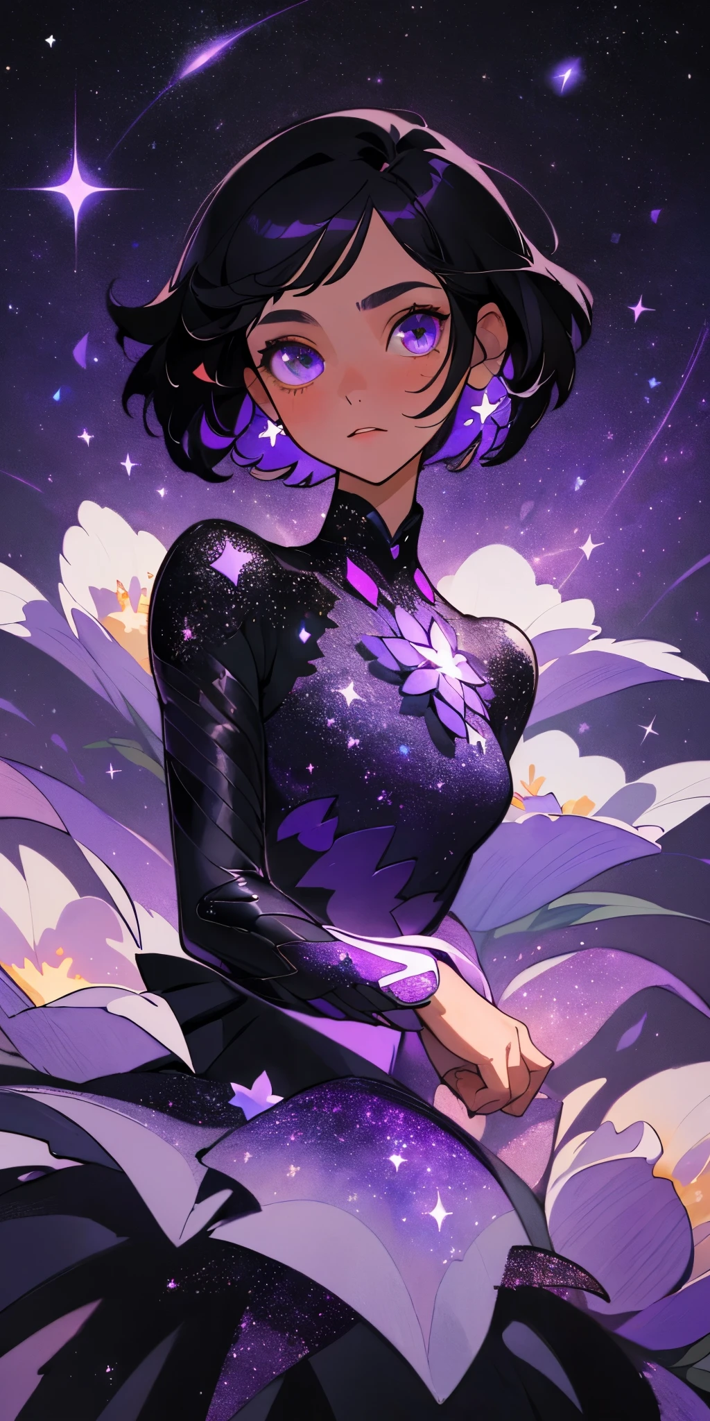 (best quality, masterpiece), 1girl, purple galaxy, full of stars, glitter, dress, particle, wind, flower, upper body, dark simple background, looking at viewer, short hair, black hair
