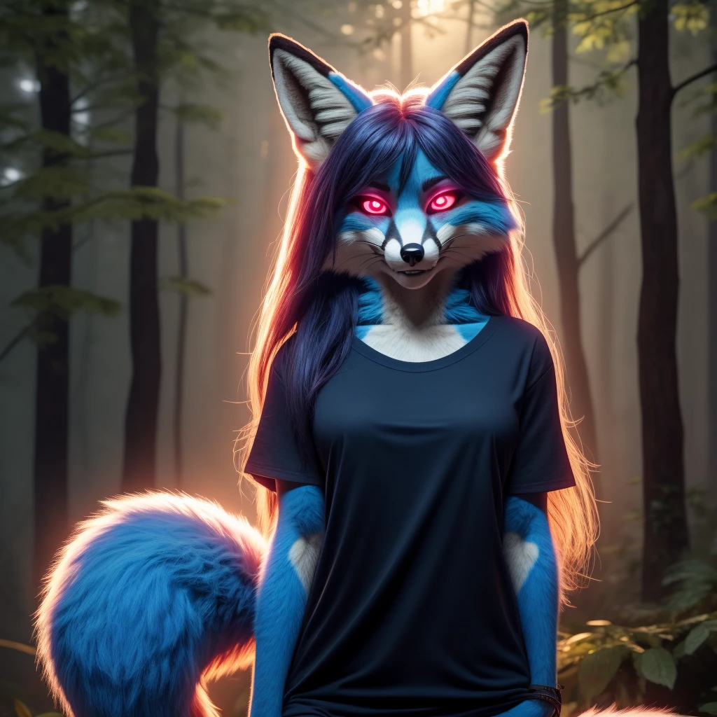 Posing, Female, 30 years old, cute, eyeliner, long hair, biting lip smile, black shirt, bedroom eyes, anthro, fox ears, (blue fur:1.5), baggy shirt, fox, forest background, 8k, hi res, (best quality, masterpiece), red glowing eyes, (fox tail:1.5), detailed fur