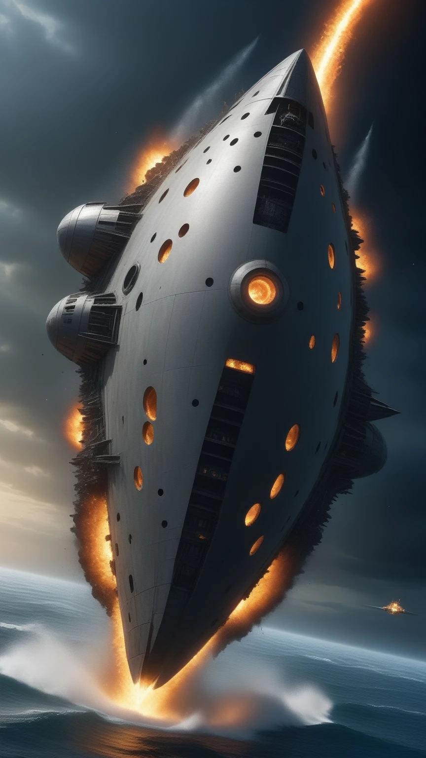spaceship with large holes and holes in the hull, flies in flames torn apart by the tidal wave of the wormhole's accretion disk, A rainbow nebula shines violently against a starry background