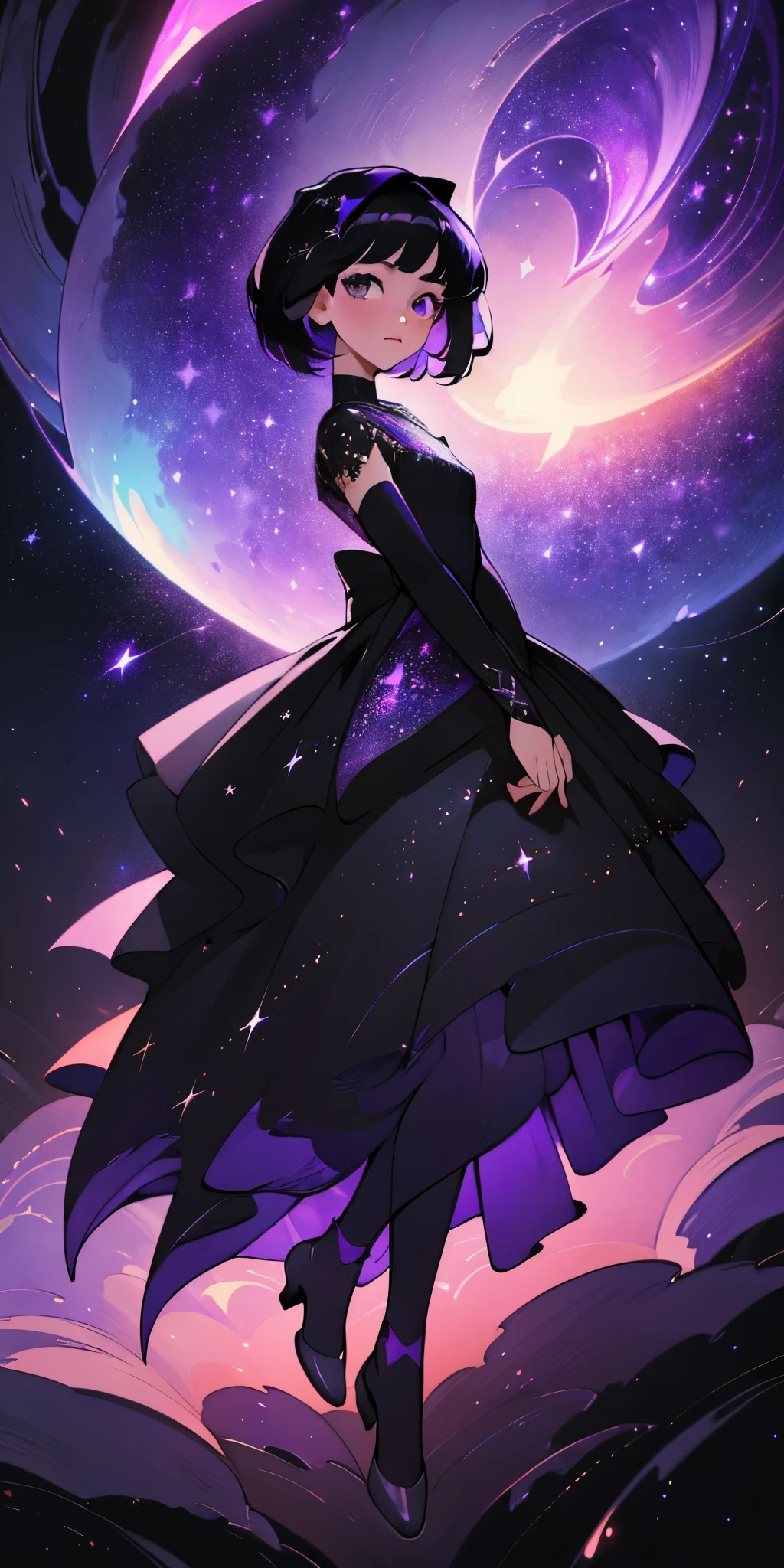 (best quality, masterpiece), 1girl, purple galaxy, full of stars, dress, particle, full body, stars background, looking at viewer, short hair, black hair, black glitter dress, beautiful details, 4k, Cinematic lights, universe
