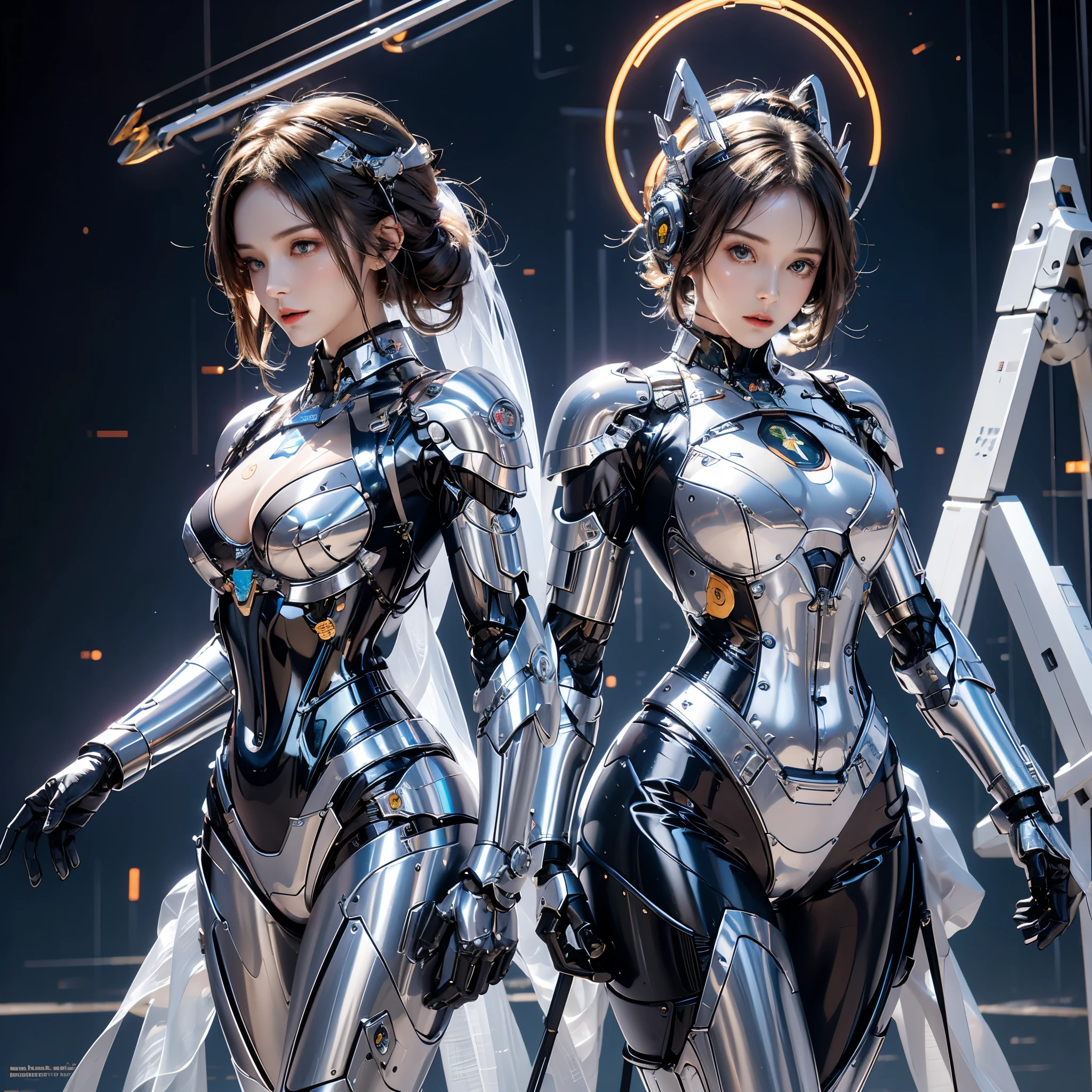 photorealistic, high resolution, 1women, mature female, solo, hips up, robot, mecha musume,mechanical parts, robot joints,single mechanical arm, headgear, mechanical halo,star halo,intricate mechanical bodysuit, mecha corset, full armor, white mecha body