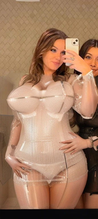 there are two women taking a selfie in the bathroom mirror, see through dress, see through, see - through, revealing clothes, translucent dress, wearing a wet white short dress, opened dress, revealing stylish dress, fishnet clothes, sexy dress, her belly button is exposed, close up half body shot, gorgeous lady, revealing outfit, tight attire, looking hot, mirror selfie, beautiful girl, big ass, bbw, from the front, thick, thick thighs, wide hips, bbw, big boobs , sideboob, giant tits, front view, big butt, round butt, tight underwear, underwear halfway off, underwear taking off, tits spilling out, too thick for clothes, no clothes, getting fucked, huge tits, cum inflation stomach 