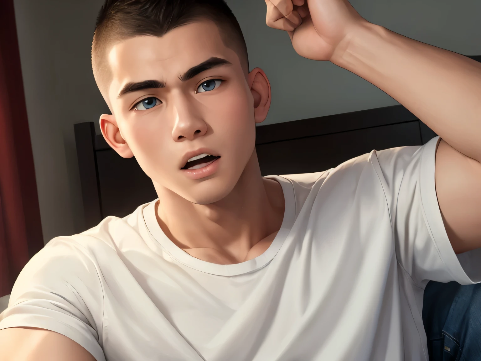(highest quality:1.5), (masterpiece:1.5), (8K:1.5), (Bedroom:1:1), White T-shirt, jeans, crew cut, Macho, Japanese, 20-year-old, Sitting on the bed, (Surprised expression:1.1), (close-up face:1.2)