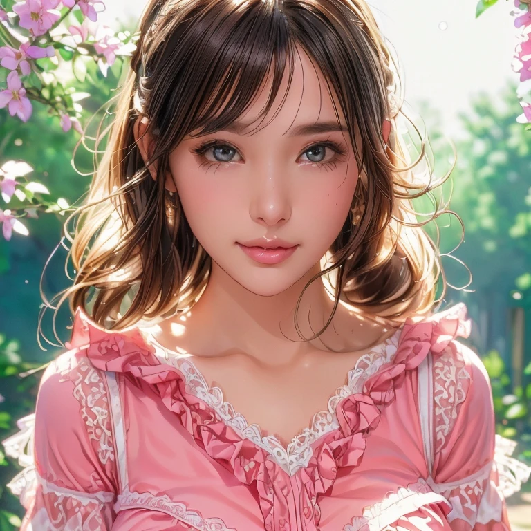 (Cute Face, Good sized breasts), (Beautiful ruffle and lace outfit:1.3), Ultra-high resolution, Superior Quality, highest quality, Super detailed, Realistic, RAW Photos, highest quality, Professional photography, Realistic portraits, Beautiful details, Close-up portrait of a , Outdoor, Beautiful sight, Beautiful views, Beautiful background, (Beautiful Face:1.2), 8k, masterpiece