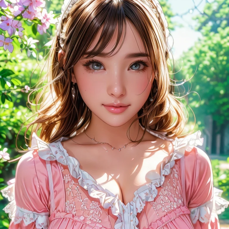 (Cute Face, Good sized breasts), (Beautiful ruffle and lace outfit:1.3), Ultra-high resolution, Superior Quality, highest quality, Super detailed, Realistic, RAW Photos, highest quality, Professional photography, Realistic portraits, Beautiful details, Close-up portrait of a , Outdoor, Beautiful sight, Beautiful views, Beautiful background, (Beautiful Face:1.2), 8k, masterpiece