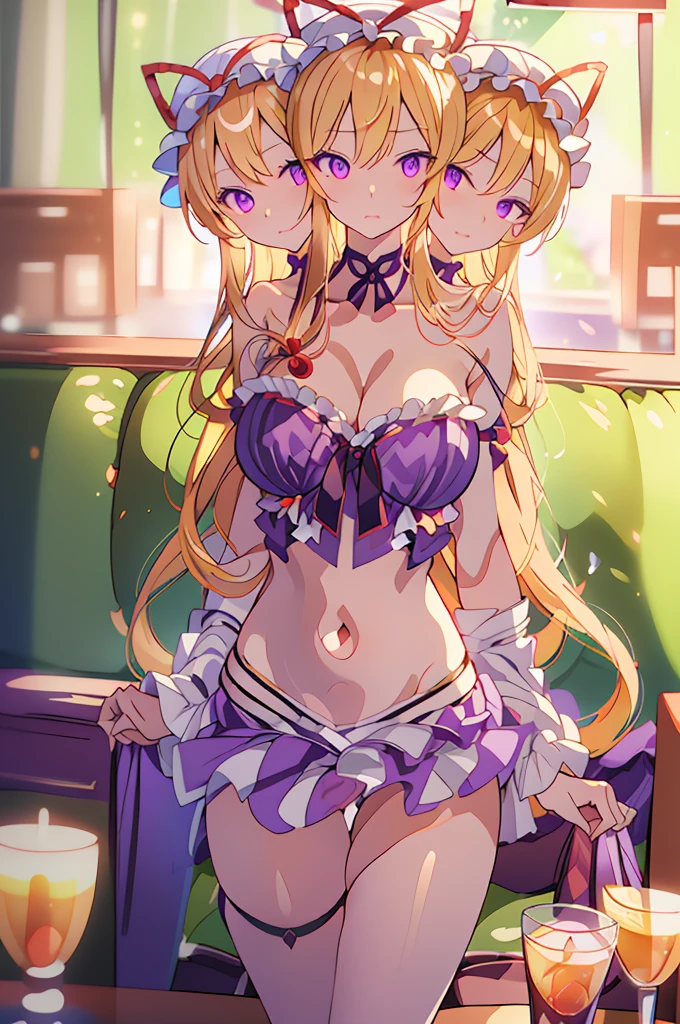 (masterpiece, best quality), best quality, (ultra-detailed), (3heads:1.5), 1girl, (yakumo yukari:1.3), masterpiece, best quality, ultra quality, ultra resolution, ultra detail, purple top, crop top, ((stomach)), midriff, ((groin)), purple skirt, frilled skirt, normal ears, shackles, blonde hair, very long hair, wavy hair, sidelocks, purple eyes, very detailed eyes, beautiful eyes, parted lips, open belly, sweat, cute, toned belly, hand on own chest, eyelashes, (24 year old woman:1.3), (masterpiece:1.5), (best quality:1.5), (beautiful detailed), extremely detailed CG, extremely delicate and beautiful, depth of field, (finely detailed face), (perfect details:1.2), (mature female:1.3), wide pelvis, slender, large veiny breast, 16k resolution, highres, high quality, high definition, extremely detailed, masterpiece, best quality, blonde hair, long hair, alluring presence, braid, short skirt, close up, big tits, young, frills, hat, hat ribbon, midriff, nsfw,