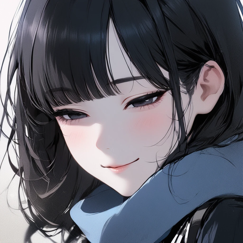 ((1 girl)), black hair, simple, bangs, black eyes, pale skin, delicate, rosy cheeks, school, blue scarf, smiling, half closed eyes, white shirt, tie, jacket, , face close-up