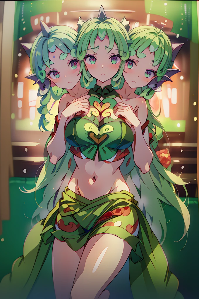 (masterpiece, best quality), best quality, (ultra-detailed), (3heads:1.5), 1girl, (komano aunn:1.3), masterpiece, best quality, ultra quality, ultra resolution, ultra detail, red top, crop top, ((stomach)), midriff, ((groin)), white skirt, normal ears, shackles, green hair, very long hair, wavy hair, sidelocks, green eyes, very detailed eyes, beautiful eyes, parted lips, single horn, sweat, cute, toned belly, hand on own chest, eyelashes, (24 year old woman:1.3), (masterpiece:1.5), (best quality:1.5), (beautiful detailed), extremely detailed CG, extremely delicate and beautiful, depth of field, (finely detailed face), (perfect details:1.2), (mature female:1.3), wide pelvis, slender, large veiny breast, 16k resolution, highres, high quality, high definition, extremely detailed, masterpiece, green hair, long hair, alluring presence, braid, short skirt, close up, big , young,