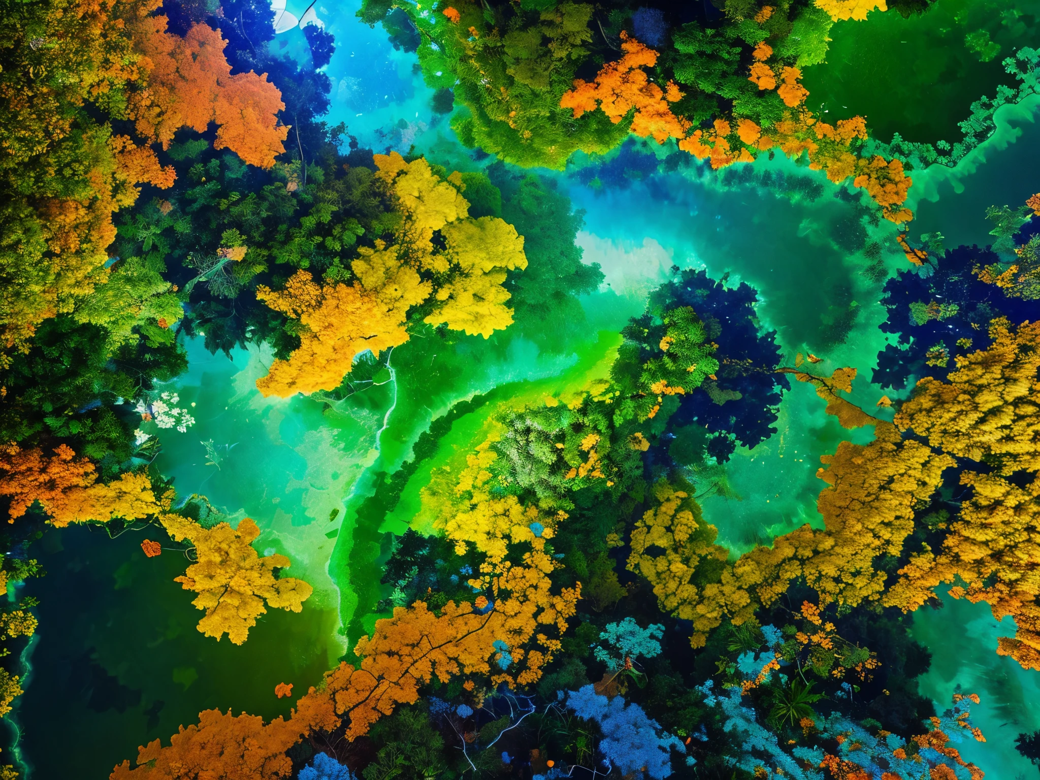 a fantasy jungle painted in a kaleidoscope of colors. From your bird's-eye perspective, describe the lush expanse below, where emerald green treetops mingle with sapphire-blue rivers, and fiery orange blossoms burst forth like flames amidst the jade foliage.