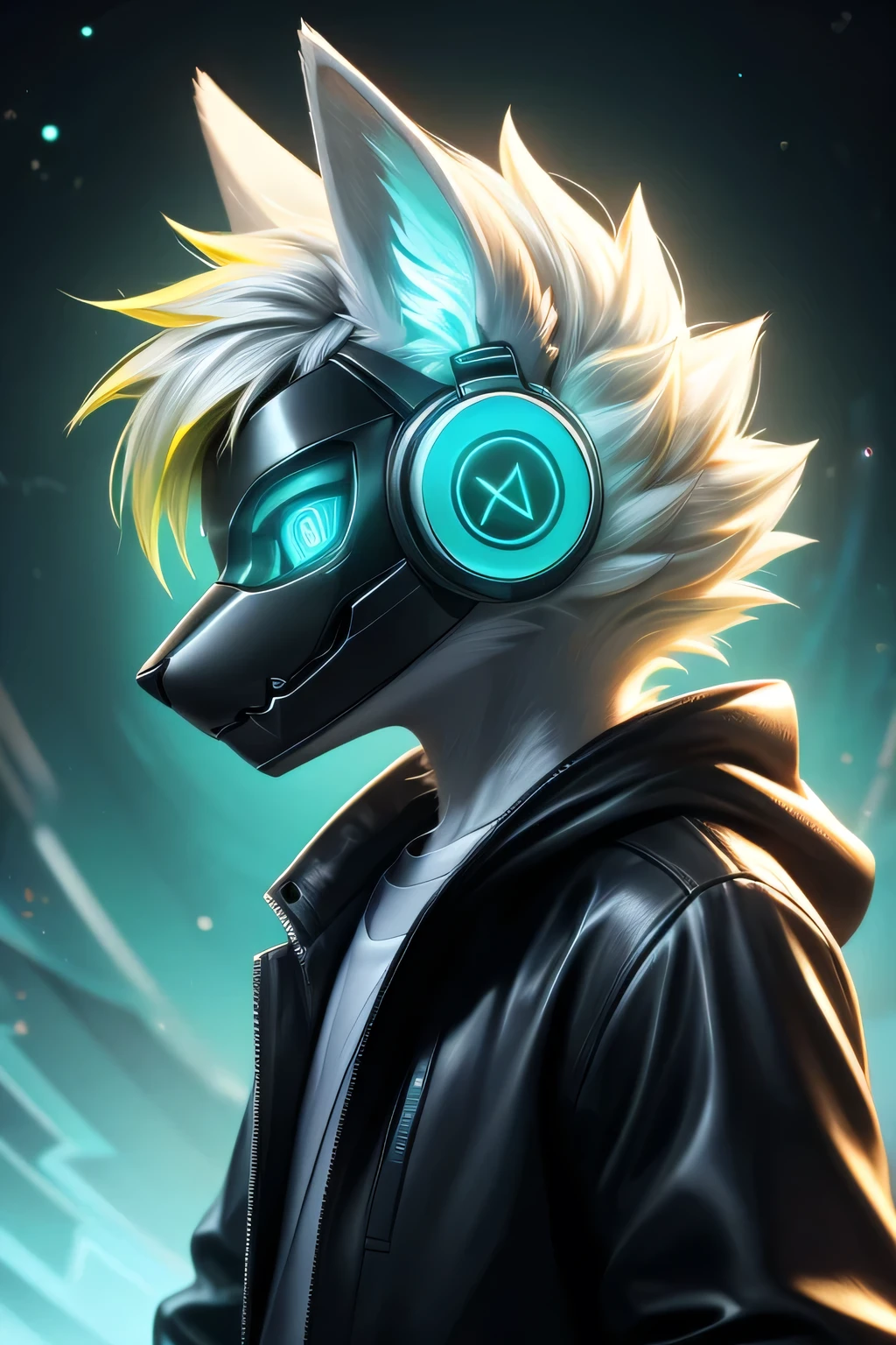 Young werewolf, white fur, wearing a black jacket with neon details, sporting a cybernetic mask, with gamer headphones, profile picture, Close-up on the facehigh quality, digital art, drawing, HD 4k fotorealistisch, ((clear structural details)), Meticulous and realistic, Detailed eyes, (Turquoise blue pupils), ((Silvery-white glowing eyes)), Evil smile, Smile, slenderness, soft, 4K, Excellent quality, high detal, Detailed fur, ((The tail is in the right place) ，Light blue shirt。Two ears，Yellow Hair，whole body，Standing

