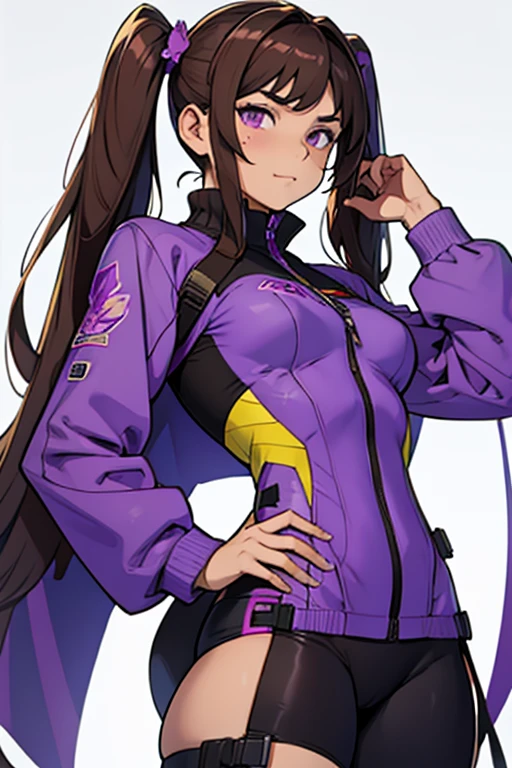 Mujer joven, brown hair in two pigtails, vincha morada, Purple super hero suit, con alas de mariposa, con antifaz morado 