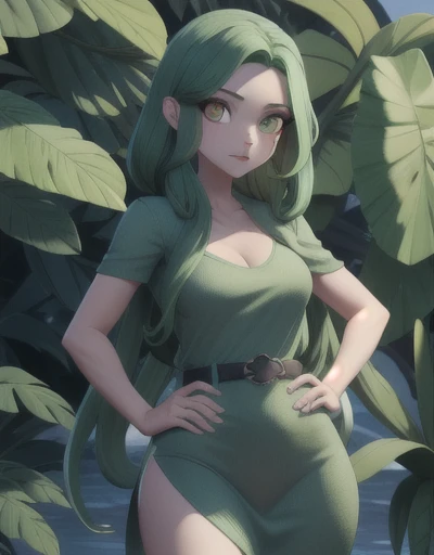 Qualidade 8k, cores altas, anthropomorphic girl, pele azul, (cabelo verde), Corpo fino, rosto humano,olhos vermelhos, Seios pequenos, folhas verdes como calcinha, green leaves like bra, roupas, 2 plant tentacles on the back, hands on belt, em uma floresta tropical, corpo todo, no lago, Tiny hips, plant-based roupas, vista frontal, vestido de folhas verdes, 