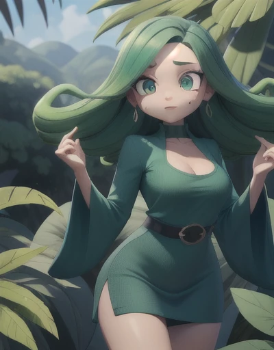 Qualidade 8k, cores altas, anthropomorphic girl, pele azul, (cabelo verde), Corpo fino, rosto humano,olhos vermelhos, Seios pequenos, folhas verdes como calcinha, green leaves like bra, roupas, 2 plant tentacles on the back, hands on belt, em uma floresta tropical, corpo todo, no lago, Tiny hips, plant-based roupas, vista frontal, vestido de folhas verdes, 