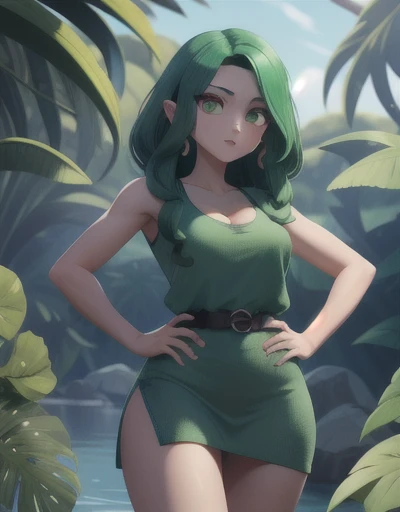 Qualidade 8k, cores altas, anthropomorphic girl, pele azul, (cabelo verde), Corpo fino, rosto humano,olhos vermelhos, Seios pequenos, folhas verdes como calcinha, green leaves like bra, roupas, 2 plant tentacles on the back, hands on belt, em uma floresta tropical, corpo todo, no lago, Tiny hips, plant-based roupas, vista frontal, vestido de folhas verdes, 