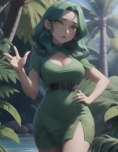 Qualidade 8k, cores altas, anthropomorphic girl, pele azul, (cabelo verde), Corpo fino, rosto humano,olhos vermelhos, Seios pequenos, folhas verdes como calcinha, green leaves like bra, roupas, 2 plant tentacles on the back, hands on belt, em uma floresta tropical, corpo todo, no lago, Tiny hips, plant-based roupas, vista frontal, vestido de folhas verdes, 