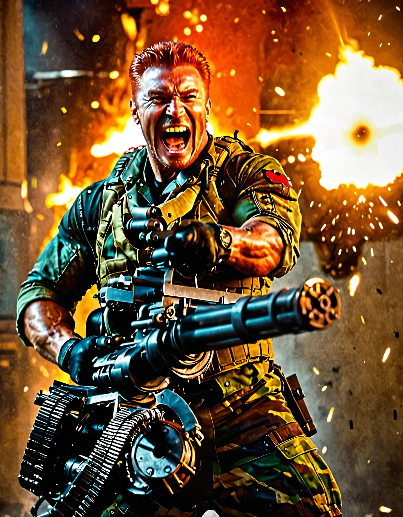 masterpiece, best quality, rogue soldier, muscular, dynamic battle pose, (using a Handheld M134 Minigun, shell casings), dynamic war scene, bryan fury, red hair, evil laugh, solo focus, psychotic