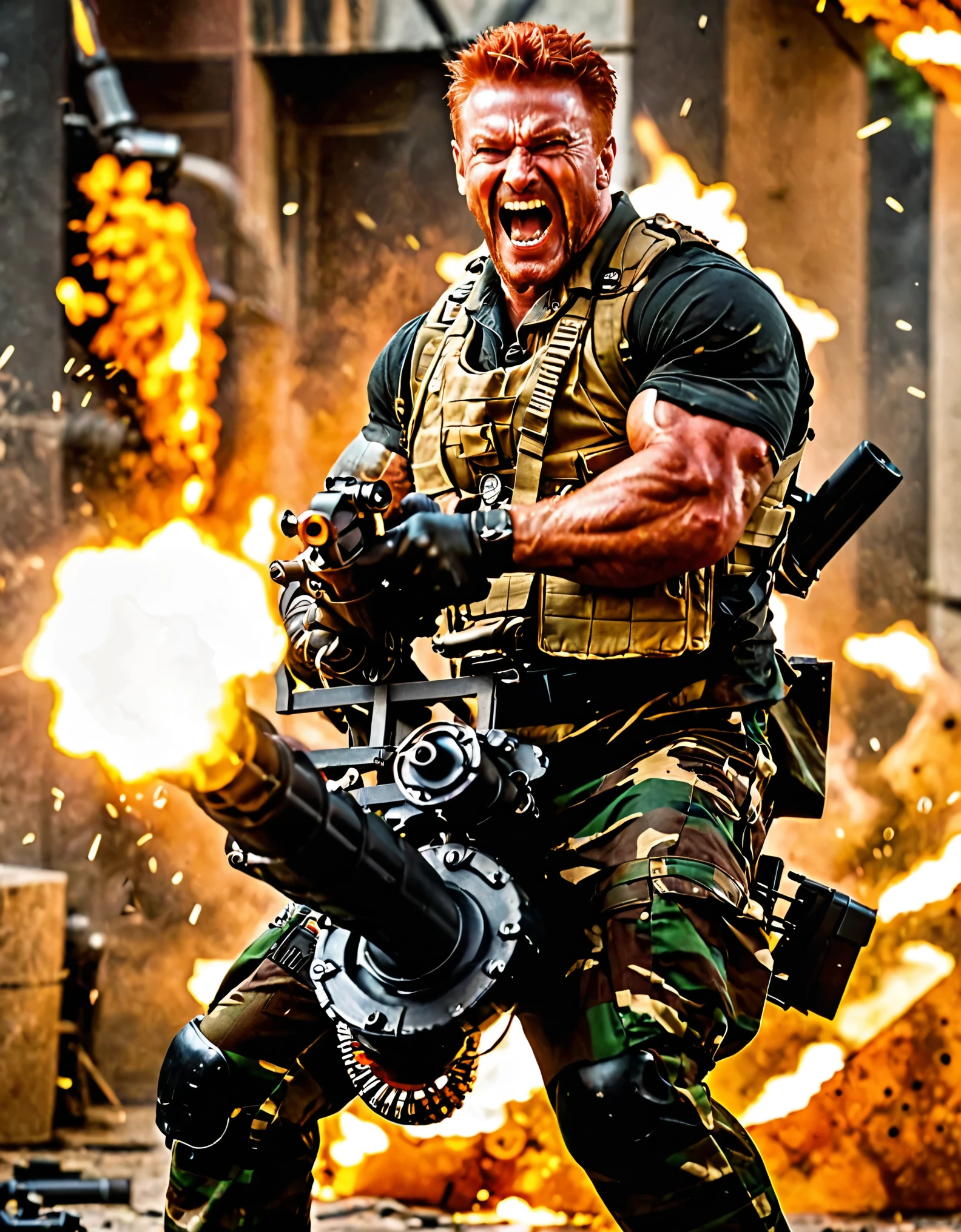 masterpiece, best quality, rogue soldier, muscular, dynamic battle pose, (using a Handheld M134 Minigun, shell casings), dynamic war scene, bryan fury, red hair, evil laugh, solo focus, psychotic