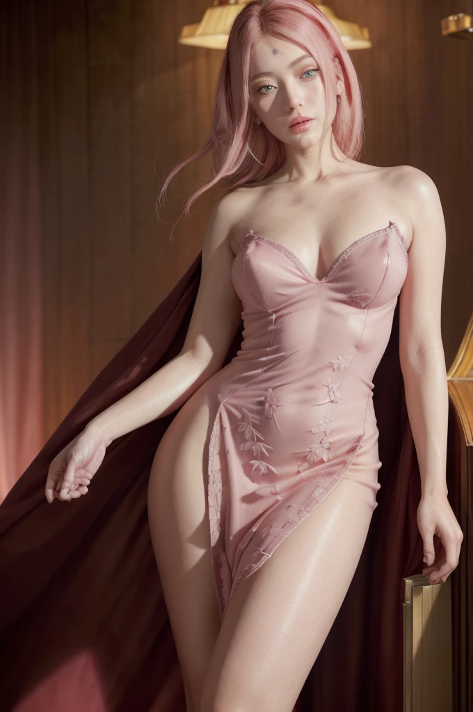 1girl,hips up,pink dress,fullbody,beautiful detailed eyes,beautiful detailed lips,extremely detailed face,longeyelashes,elegant dress,beautiful hair,intricate details,high fashion,high quality,photorealistic,8k,hyperrealistic,studio lighting,cinematic lighting,vibrant colors,warm color tone,dramatic lighting