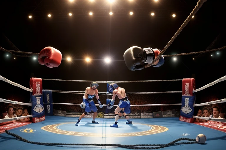 boxe ring with lights and ropes, boxe ring sol blanc coin bleu et sol blanc sol, fond d&#39;arène, Ring de boxe avec le sol blanc et les coins bleus, scene background, toile de fond Madison Square Garden, écran centrale au dessus du ring comme au madison square garden  in a boxe ring,  boxe, boxe match, scene,  projecteur, barre d&#39;background, spot et projecteur au plafond  fond dramatique, atmospheric perspective, glowing light, 8k, super detail, best quality, masterpiece