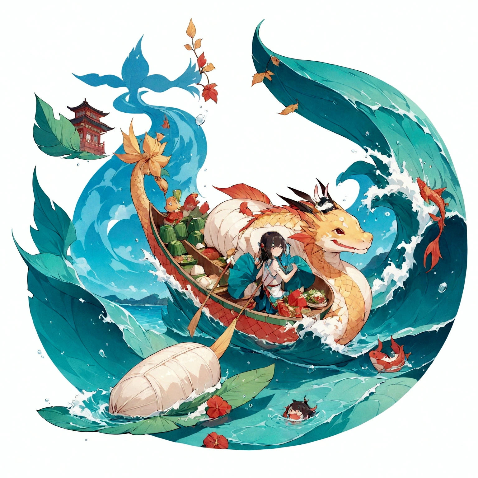 Cartoon rabbit,cartoon dragon boat,Dragon boat, Dragon Boat Festival,Rabbit paddling dragon boat,In the lower left corner is a large triangular rice dumpling,There are zongzi leaves under the zongzi,There are fish in the water, fish jump out of water sun, sky,The background is Chinese buildings,China Cloud, Popular on cgstation, Make a splash, A beautiful art illustration of Zongzi, by Yan Hui, Hand drawn cartoon art style, author:Li Song, Official Fanart, daytime,Exquisite,HD,There are details, Award-Awarded, Best quality), extremely delicate and beautiful, Amazing, finely detail, masterpiece, ultra-detailed, highres, best illustration, best shadow, intricate, depth of field, sharp focus, high quality, Fujifilm XT3