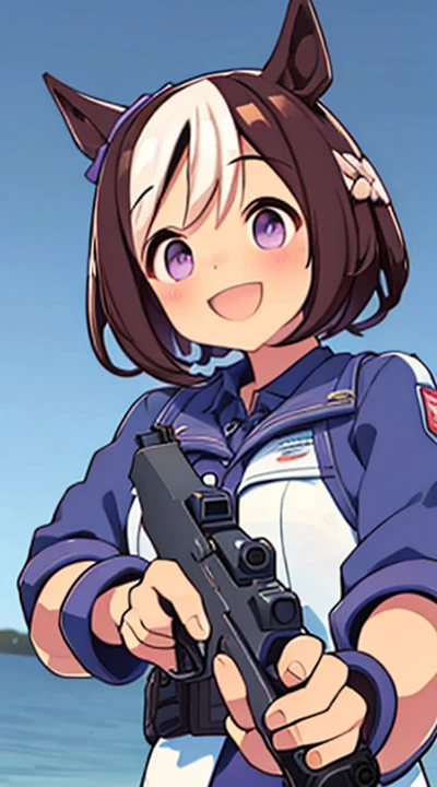 holding gun, hand gun/(m_92f )/, smile,:D,