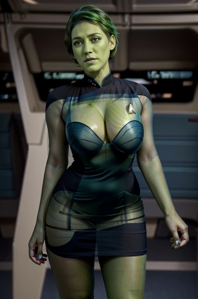 ()) Sexy intense ((tendi green skin)) in a sexy translucent blue starfleet corset-minidress uniform, sexy action pose, erotic, powerful, formidable, bare legs, cleavage, blonde bombshell, short hair, athletic, eye contact, (((looking into camera)))
