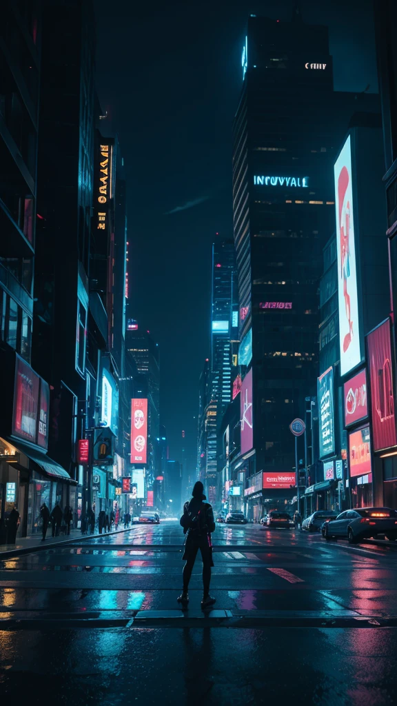 a futuristic city street at night, large modern skyscrapers, futuristic hovercars, a person crossing the street, cinematic lighting, moody atmosphere, vibrant neon colors, dramatic shadows, photorealistic, 8k, highly detailed