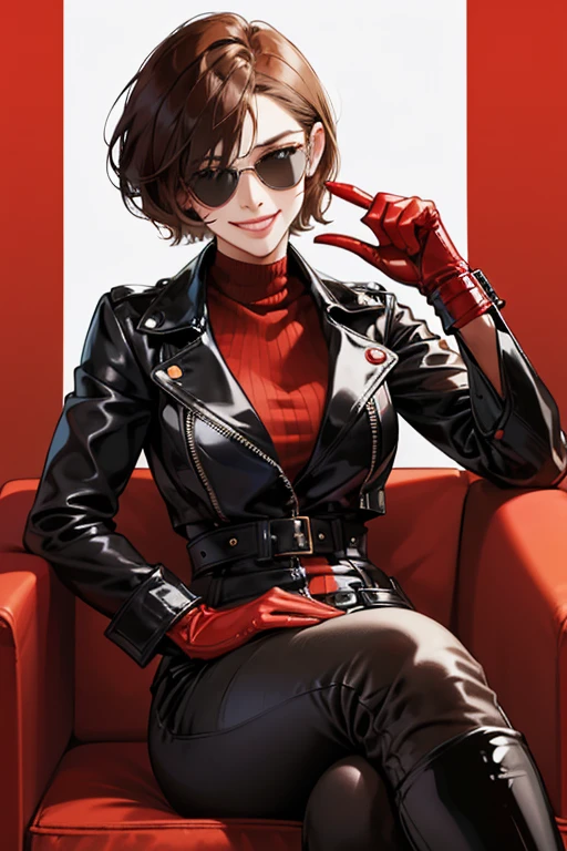 A short-haired mature woman with brown hair wearing a black leather jacket, black patent leather pants, red patent leather knee-high boots, holding a penis and smiling gently, wearing red patent leather gloves and hiding her eyes with sunglasses, on a backstreet