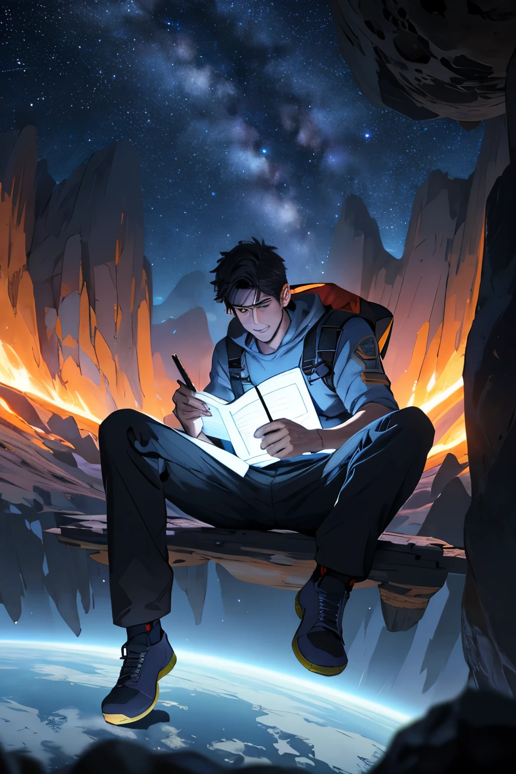 Dibuja un joven programador., sitting on a research platform floating in the middle of an asteroid belt. He is studying with a notebook., rodeado por varios asteroides que brillan con auras de fuego. Spectacular illumination of distant stars and planets illuminates the scene., proyectando sombras profundas sobre el traje. El joven parece confiado y decidido., mirando el vasto y misterioso universo con asombro y respeto,vello facial, tiro de vaquero,