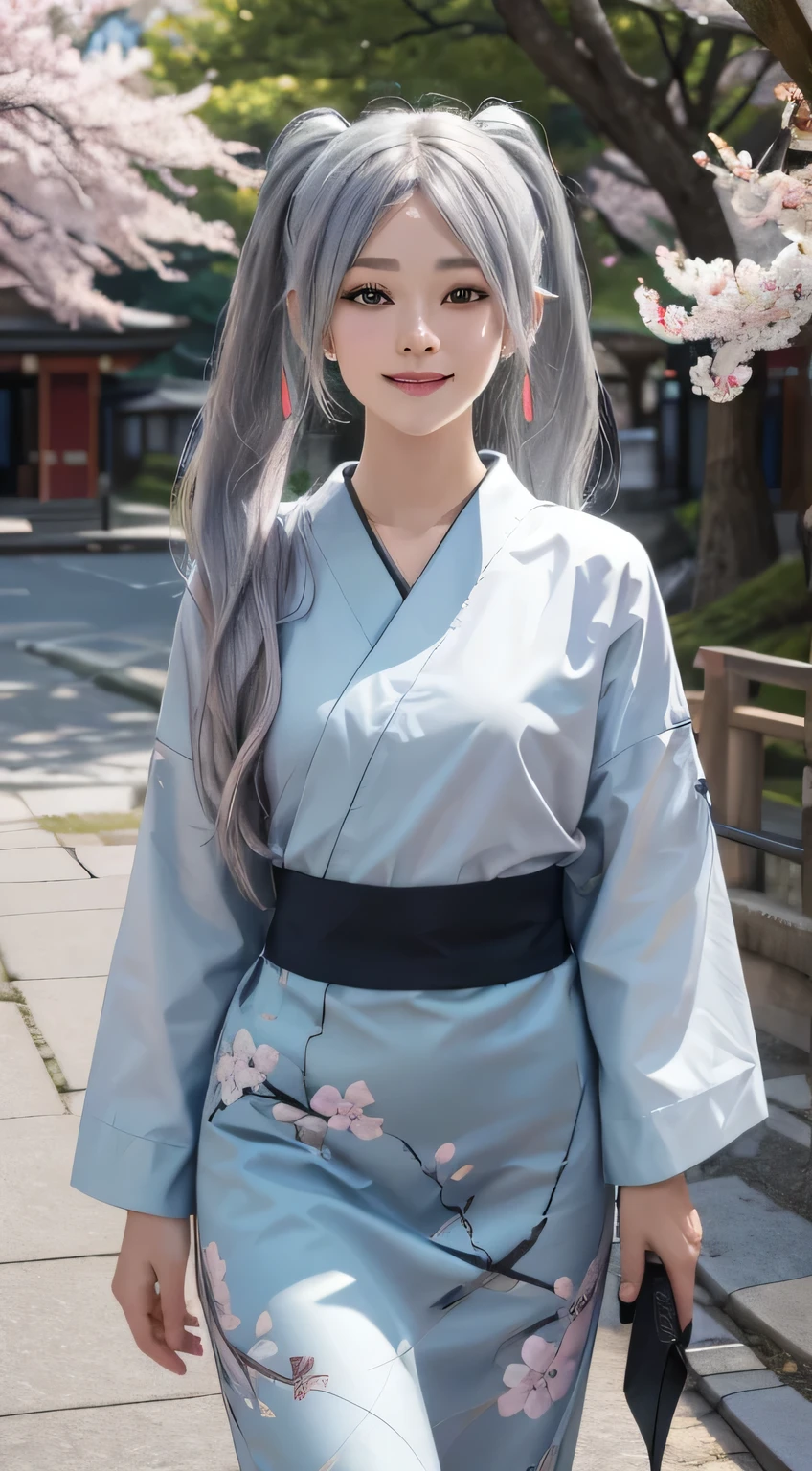 ((live-action:1.2)), 1girl, photo of in real life 8k, A realife adaption by the manga 'Frieren: Beyond Journey's End', hyper realistic graphic, silver hair styled in twin tails, wearing pink kimono, standing on kyoto street, background kyoto and shrine and sakura blossoms tree, looking at the viewer and smile, dramatic sunlight shadow, some people walking, 8k, highres, UHD, ultra hyper realistic, ultra hyper graphic, ultra detail shirt, ultra detail background.