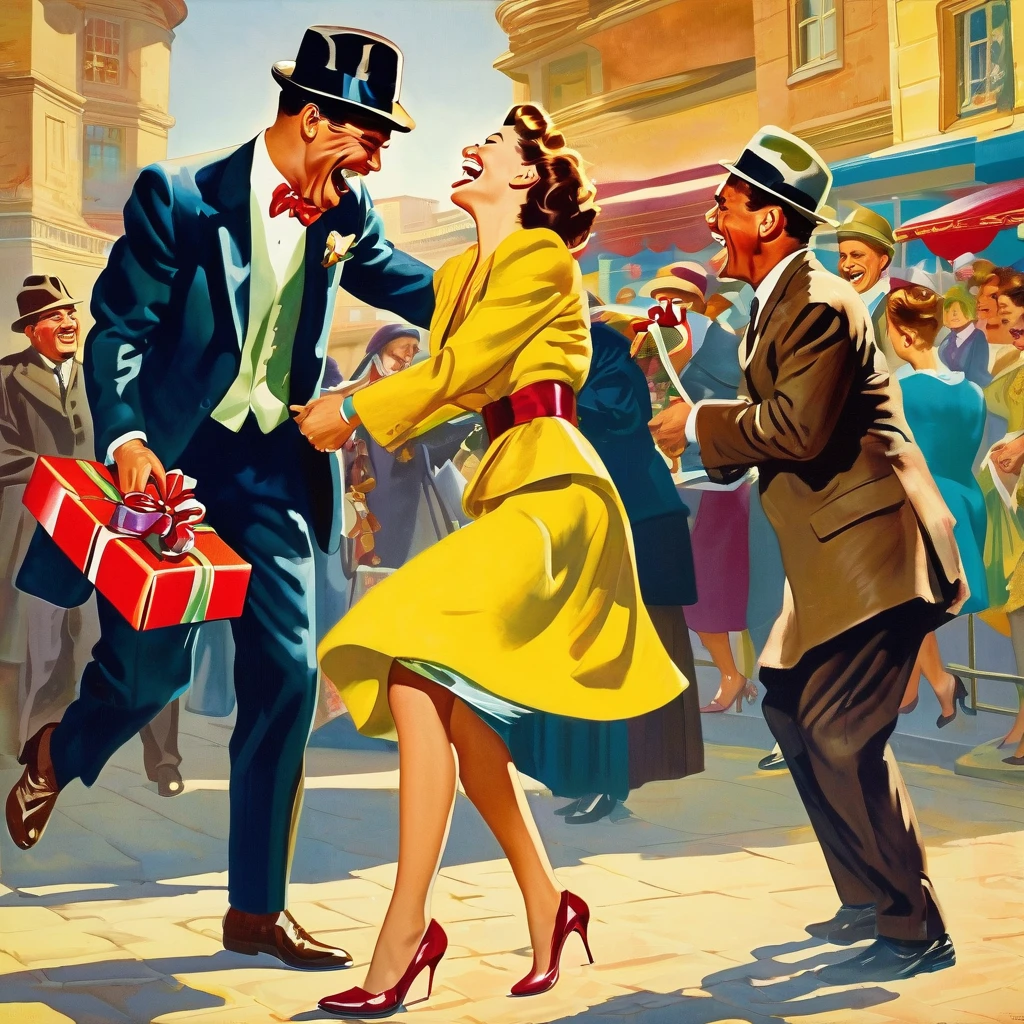 An extremely lovely woman giggles and laughs, she is dressed very well, she is laughing at a crestfallen man who has given her a gift. The cruel woman is grinding his gift under her heel as she laugh