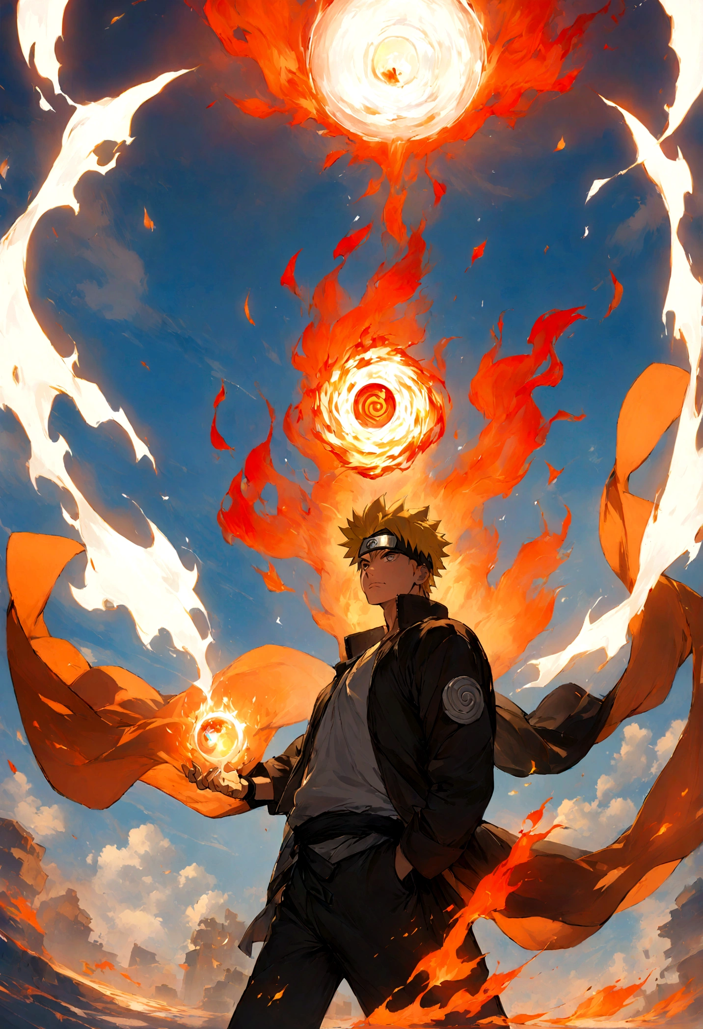 1 boy, Men's Center, naruto uzumaki,naruto, masterpiece, highest quality, so beautiful,、cool、、strongest、Fire Aura、Ninja、Flame Nine Tails、Red light、Rasengan