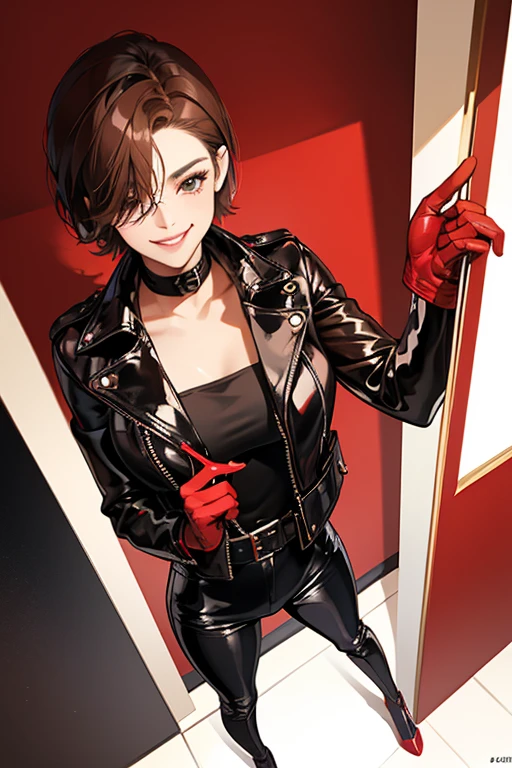 A short-haired mature woman with brown hair wearing a black leather jacket, black patent leather pants, red patent leather knee-high boots, holding a penis and smiling gently, wearing red patent leather gloves and hiding her eyes with sunglasses, on a backstreet