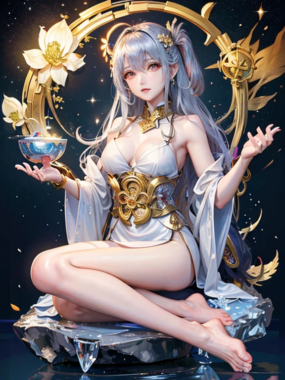 (Buddhist paradise、Gold Dust、Silver、Ruri、agate、Several large crystals、Halo、Kannon Bodhisattva)、god々A good appearance、A dazzlingly bright world、Daytime world、Flowers are blooming all over the place、Seated on a lotus pedestal、Official artwork、Crystal clear white dress、barefoot、(masterpiece、highest quality、High resolution、8k)、The composition is excellent、