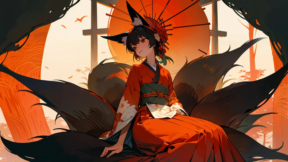 An anthropomorphic fox character with multiple tails, wearing traditional Japanese clothing (kimono), sitting gracefully. The background features a torii gate surrounded by a slightly dark and mystical forest, creating a cinematic atmosphere similar to a movie poster. Use a mix of warm and muted colors to enhance the mysterious and magical feel. Ensure the scene has a sense of depth and detail, with the fox character as the focal point. 