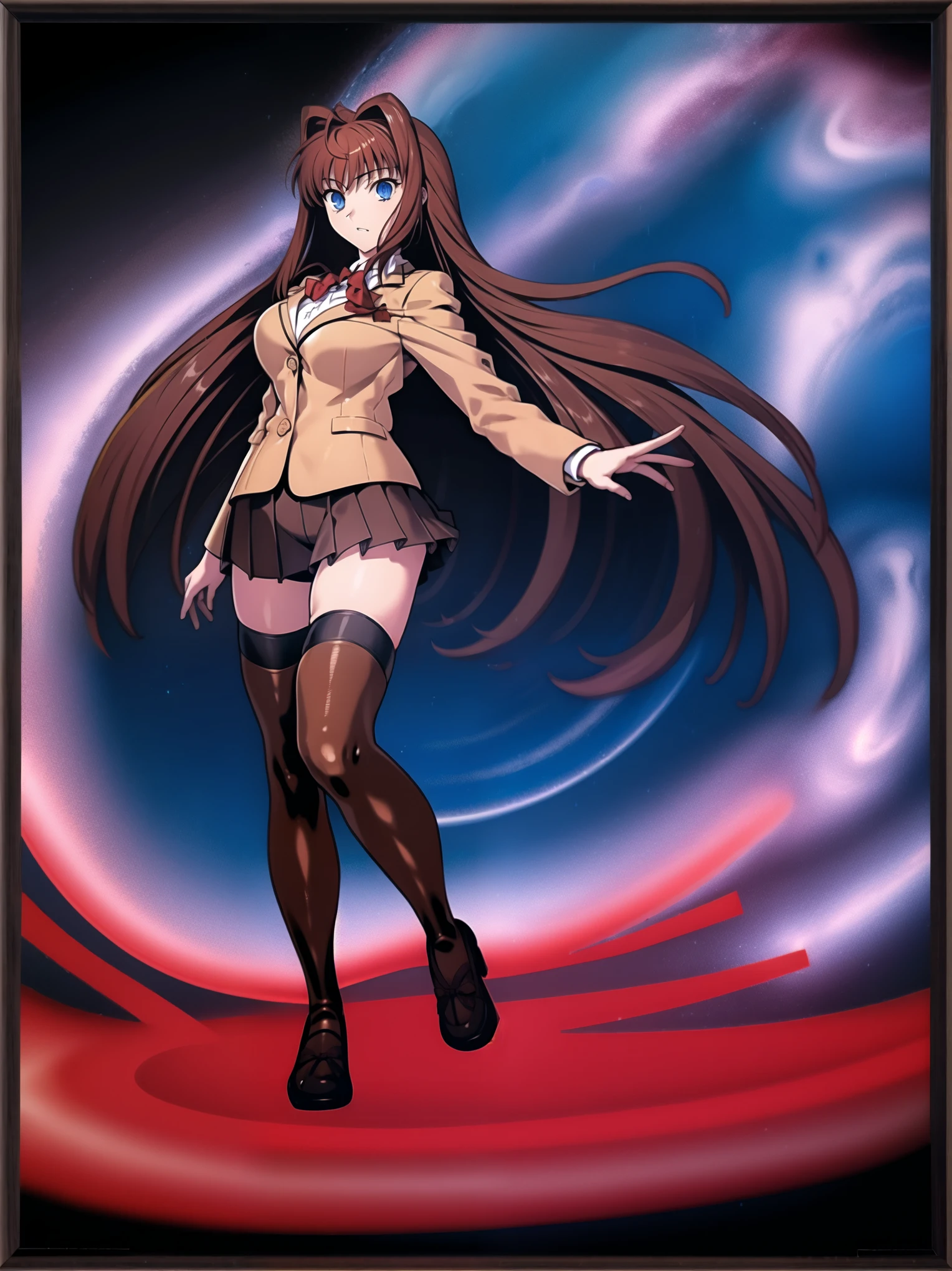 BREAK, centered. BREAK, (EMPTY BACKGROUND), BREAK, (masterpiece), best quality, high resolution, 8k, illustration, (beautiful detailed eyes:1.5), extremely detailed face, extremely detailed body, CG, perfect hands, perfect anatomy, (((1girl))), ((solo)), (((bbaoko))), ((2 legs max)), ((2 feet max:1.6)), ((swirling vortex shaped longest brown hair:1.5)), (brown longest hair with slightly reddish undertone:1.6), (lush luscious longest brown hair:1.6), (very long voluminous longest brown hair:1.5), serious, blue eyes, red bowtie, (Form-fitting beige blazer:1.5), brown jacket, (highly detailed beautiful face:1.2), (white shirt:1), (well shaped large breasts:1.6), (nice hips:1), (((Umber pleated thigh-high skirt:1.6))), (((black bike shorts:1.4))), (toned thighs:1.6), (jetblack thighhighs:1.6), (strap shoes brown color), (facing front:1.5), ((standing straight:1.5)), ((Fullbody in frame:1.6)), ((Full body:1.5)), ((takeuchi takashi:1.3))
