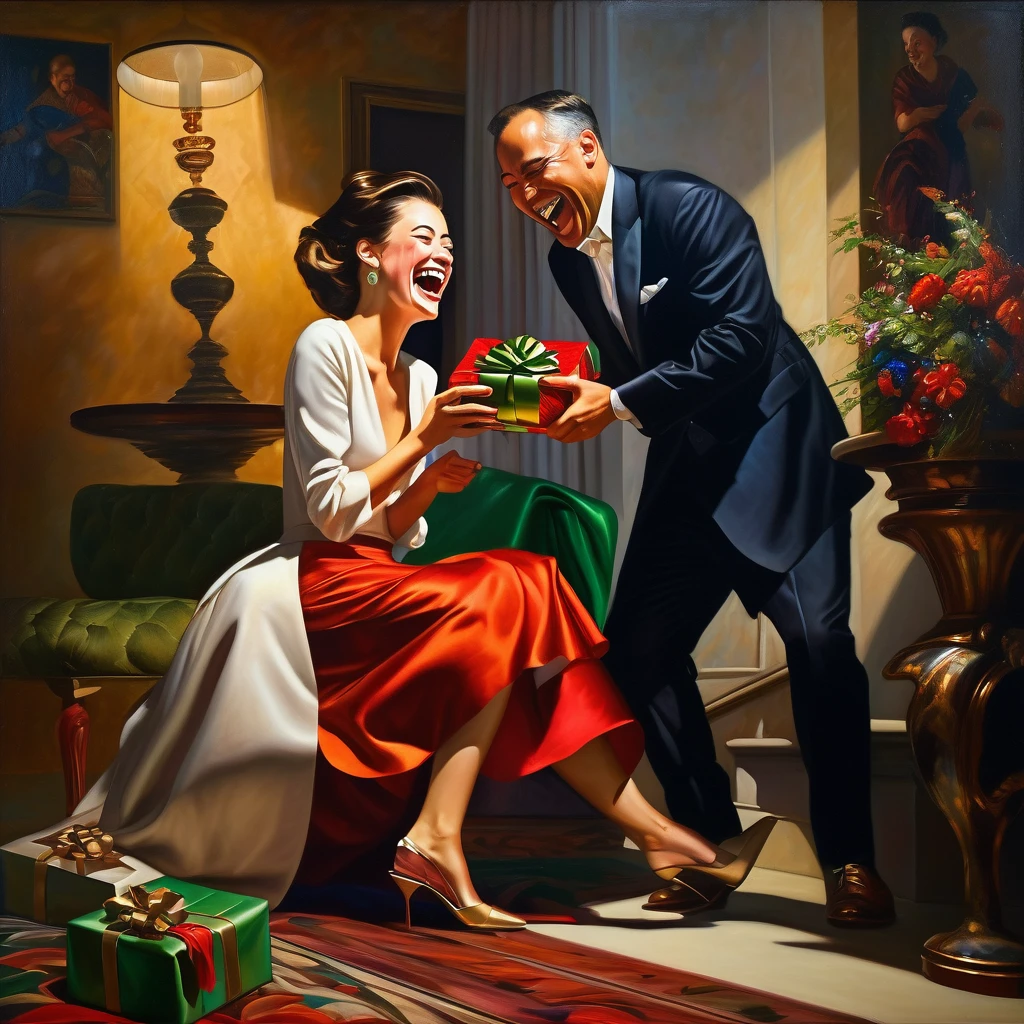 a beautiful woman laughing, dressed in elegant clothing, grinding a gift under her heel as a crestfallen man watches, exquisite detailed portrait, highly realistic, cinematic lighting, stunning colors, dramatic composition, oil painting, masterpiece
